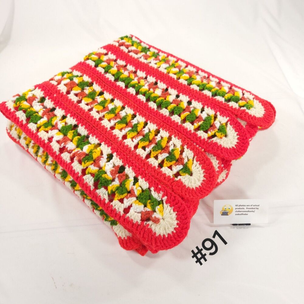 Vintage Handmade Afghan Blanket Crochet Knit Striped 46 x 68 Orange Multi